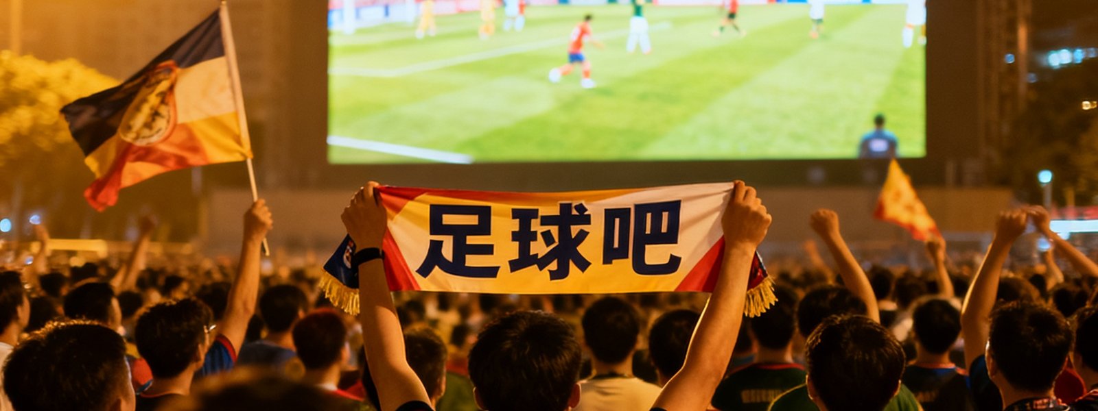 足球吧组织的球迷线下观赛活动合影，数百名球迷聚集在大型屏幕前观看比赛，气氛热烈